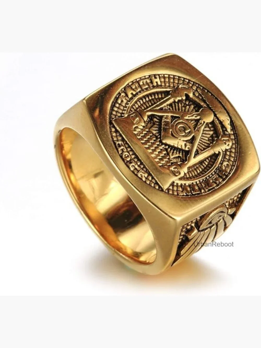 Masonic Solomon's Temple Ring Signet Faith Hope Charity Silver Gold Accent